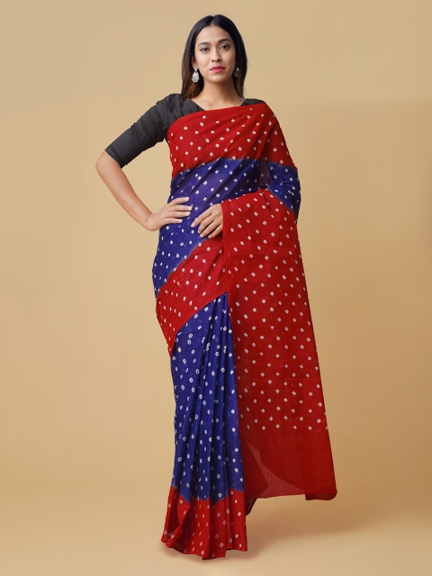 Unnati Silks Blue & Red Handloom Pure Cotton Printed Bandhani Saree