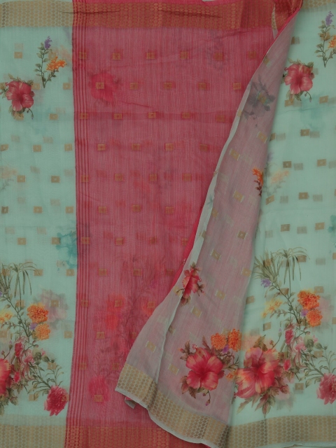 Pothys Sea Green & Pink Jute Silk Printed Saree