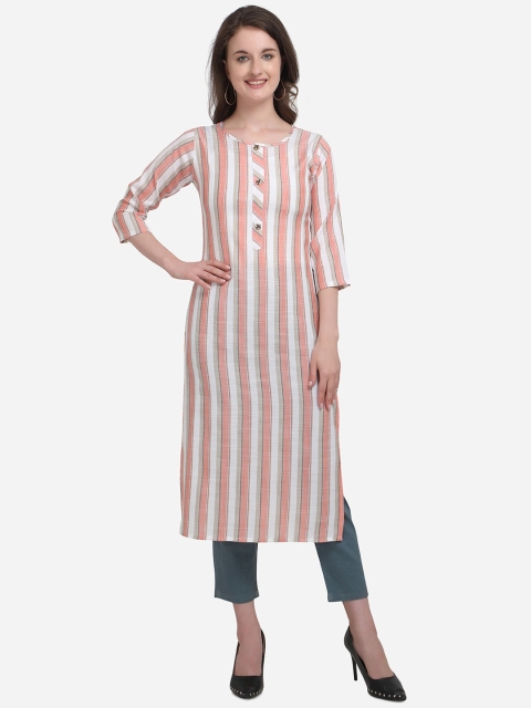 Kvsfab Women Peach-Coloured & White Striped Straight Kurta