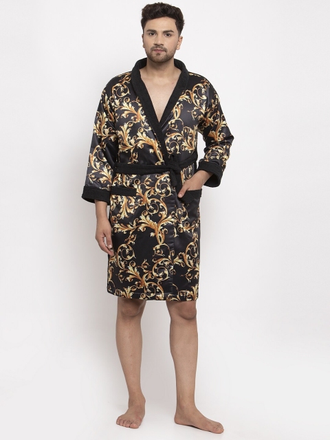 DECOREALM Men Black & Yellow Printed Bath Robe