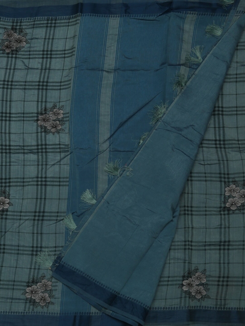 Pothys Grey & Blue Jute Silk Checked Saree