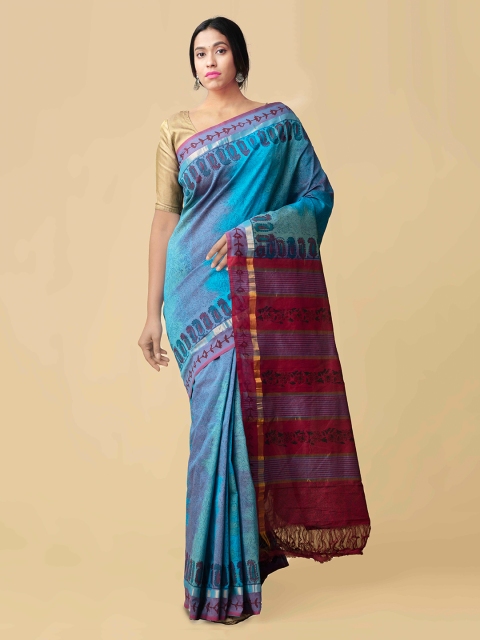 Unnati Silks Blue & Red Silk Cotton Woven Design Kanjeevaram Handloom Saree