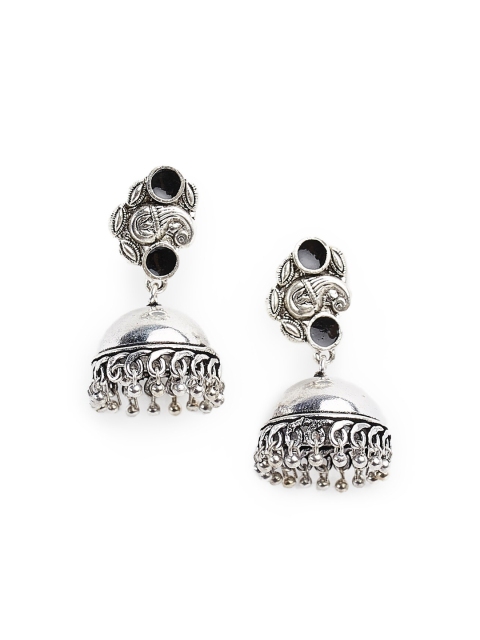 Fida Silver-Toned Oxidised Dome Shaped Jhumkas