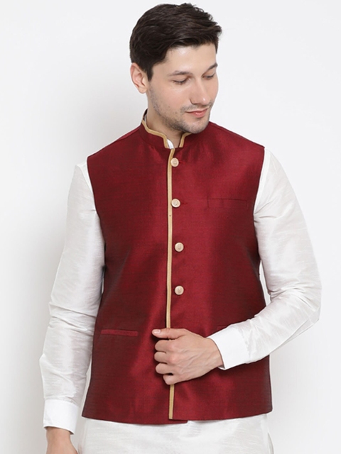 VASTRAMAY Men Maroon Solid Woven Nehru Jacket
