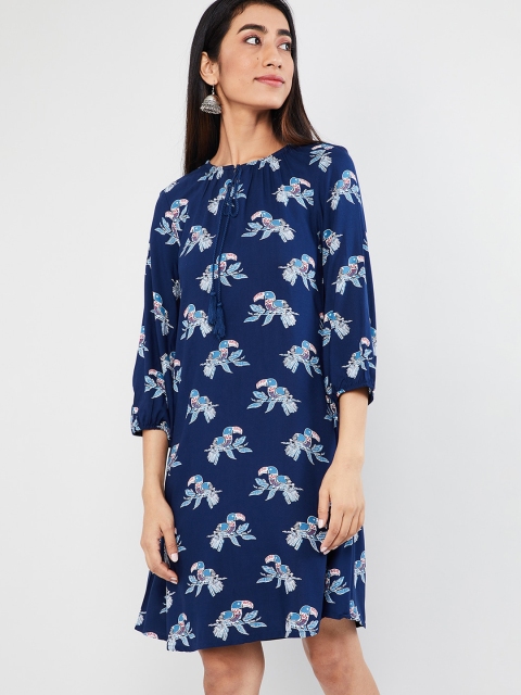max Navy Blue Printed A-Line Dress