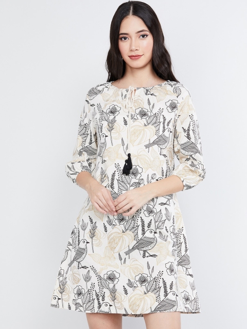 max Women Cream-Coloured & Black Floral Printed A-Line Dress