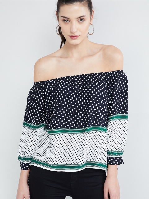 max Women Navy Blue Colourblocked Bardot Top