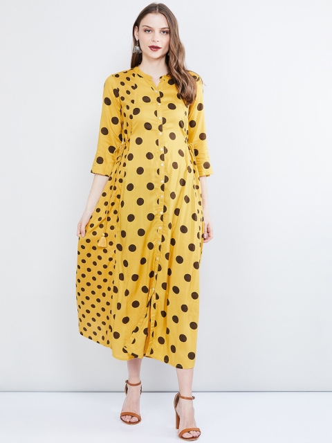 max Women Mustard Yellow & Brown Printed A-Line Dress