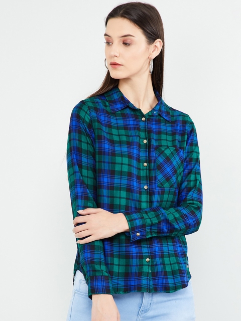 max Women Green & Blue Regular Fit Checked Casual Shirt