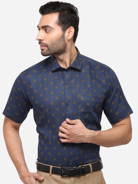 JB STUDIO Men Blue & Mustard Yellow Floral Print Slim Fit Printed Linen Formal Shirt