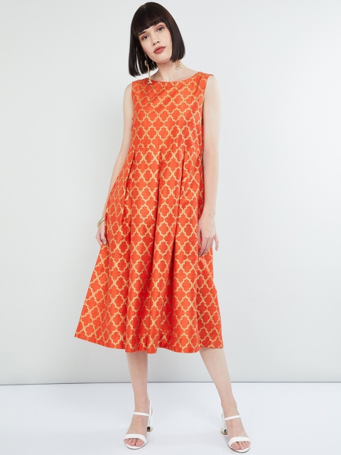 max Women Orange & Gold-Coloured Printed A-Line Dress