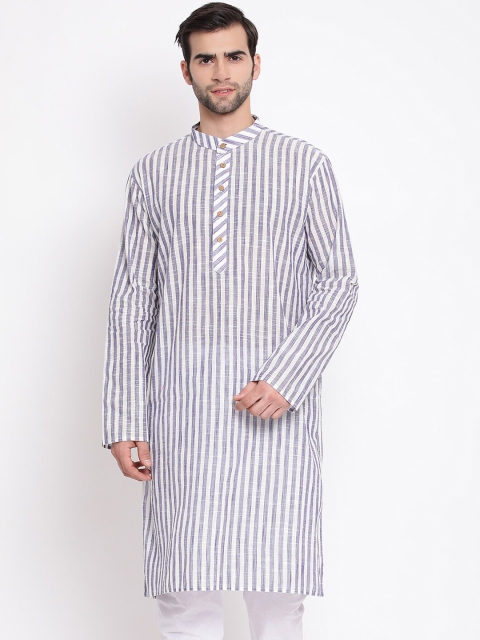 VASTRAMAY Men Grey & White Striped Straight Kurta