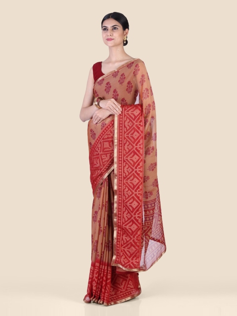 Hastakala Red & Brown Pure Georgette Printed Saree