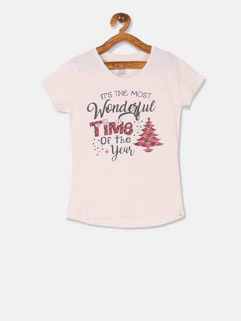 Cherokee Girls Beige Printed Round Neck T-shirt