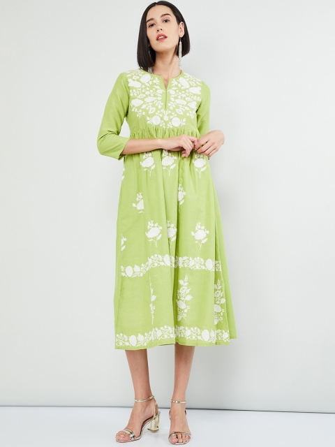 max Women Lime Green Embroidered A-Line Dress