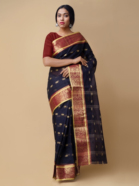 Unnati Silks Navy Blue & Gold-Coloured Pure Handloom Cotton Woven Design Saree