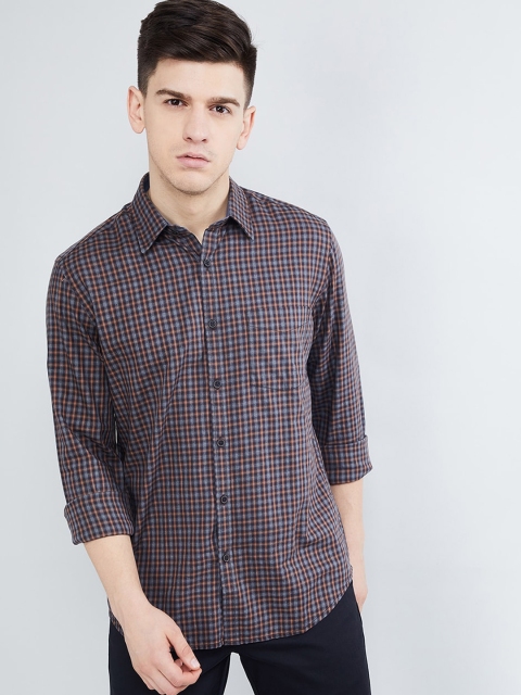 max Men Brown & Blue Regular Fit Checked Casual Shirt