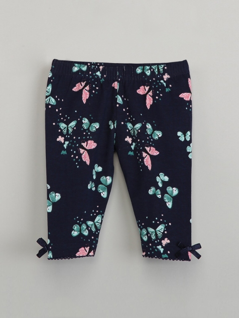 max Girls Navy Blue & Pink Printed Ankle-Length Leggings