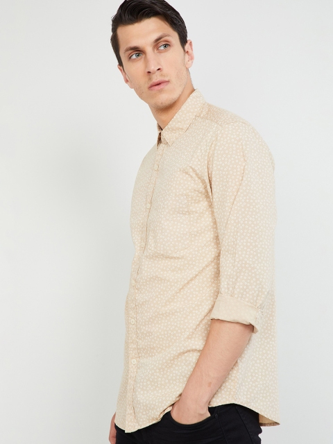 max Men Beige & White Slim Fit Printed Casual Shirt