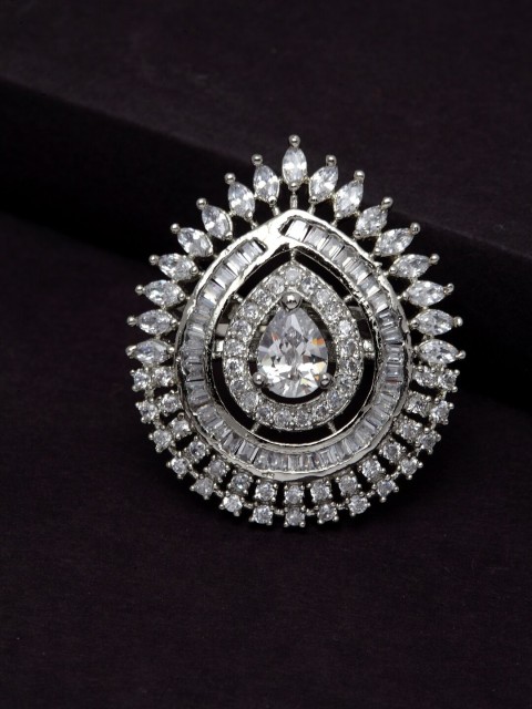 PANASH Rhodium-Plated Silver-Toned & White AD-Studded Handcrafted Adjustable Finger Ring
