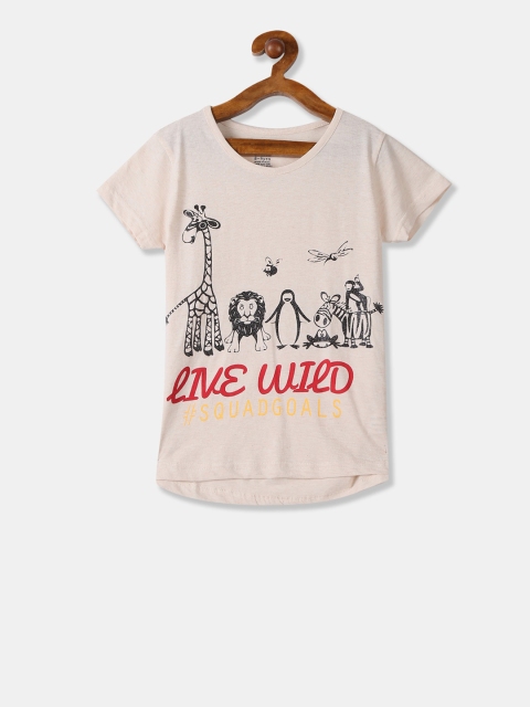 Cherokee Girls Beige Printed Round Neck T-shirt