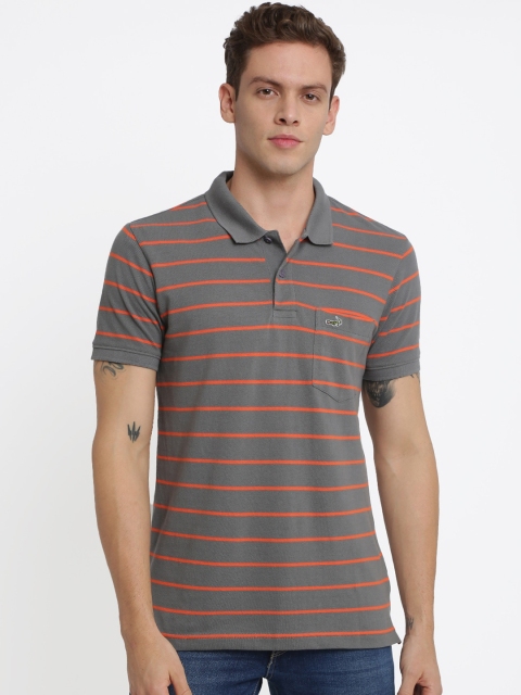 Crocodile Men Grey Striped Polo Collar T-shirt