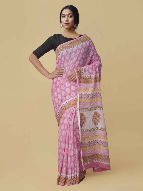 Unnati Silks Pink & White Pure Cotton Floral Printed Saree