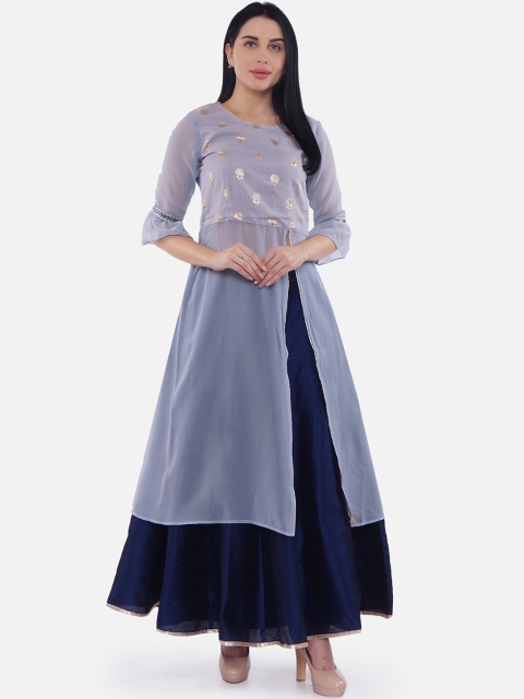 Be Indi Women Blue & Gold-Coloured Brocade A-Line Kurta with Skirt