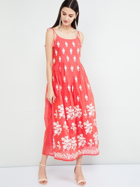 max Women Coral Orange & White Floral Embroidered A-Line Dress
