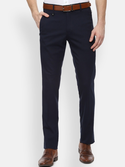 V Dot Men Navy Blue Skinny Fit Solid Formal Trousers