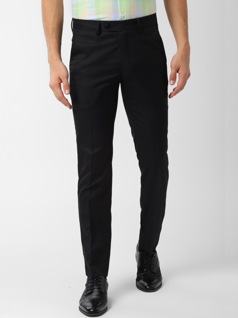 Peter England Men Black Slim Fit Striped Formal Trousers