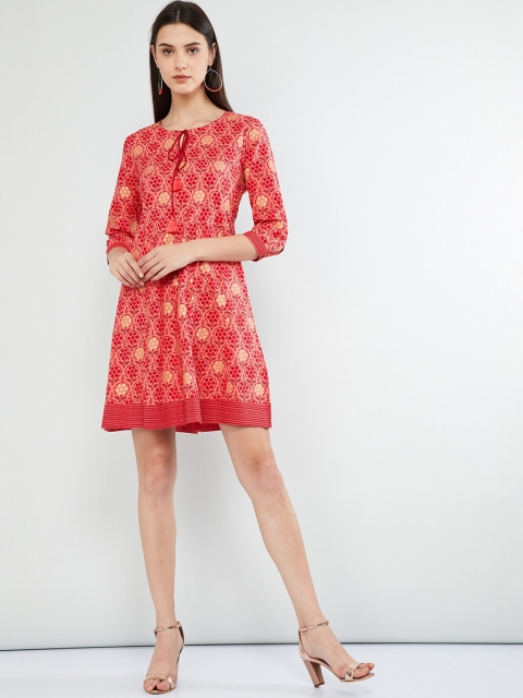 max Women Coral Pink Printed A-Line Dress