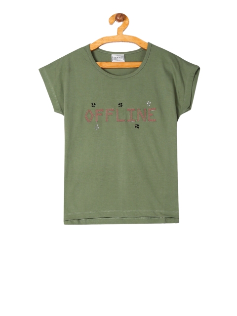 Cherokee Girls Green Printed Round Neck T-shirt