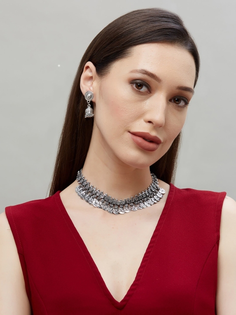 Fida Women Silver-Toned Tribal Oxidised Coin Jewellery Set