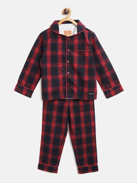 Cherry Crumble Unisex Kids Navy Blue & Red Checked Night suit