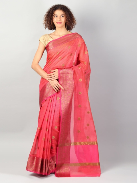 EthnicRoom Pink & Gold-Coloured Silk Cotton Woven Design Banarasi Saree