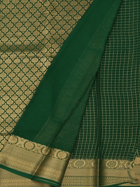 Pothys Green & Gold-Toned Pure Georgette Checked Saree