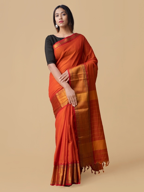 Unnati Silks Orange Pure Cotton Striped Narayan Peth Saree