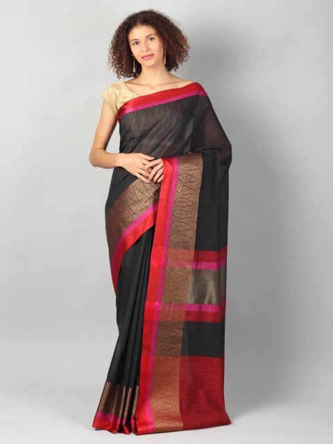 EthnicRoom Black & Pink Jute Cotton Solid Banarasi Saree