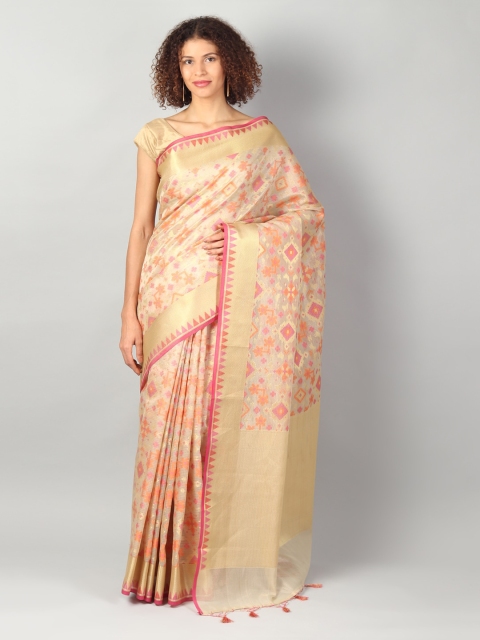 EthnicRoom Beige & Orange Silk Cotton Printed Banarasi Saree
