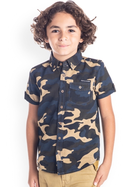 Cherry Crumble Kids Navy Blue & Beige Camouflage Print Casual Shirt