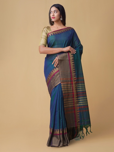 Unnati Silks Blue Pure Cotton Solid Narayan Peth Saree
