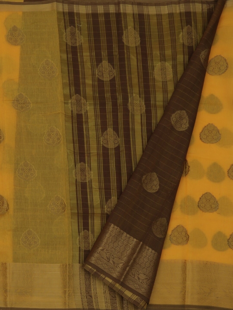 Pothys Yellow & Brown Cotton Blend Woven Design Chanderi Saree