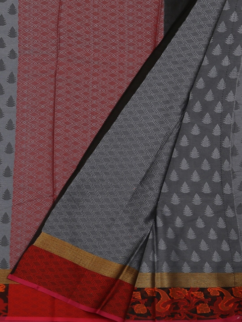 Pothys Grey & Red Jute Silk Printed Saree