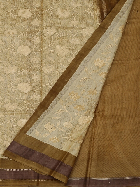 Pothys Cream-Coloured & Brown Jute Silk Printed Tussar Saree