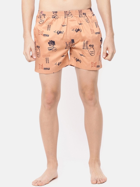 Cross Court Men Peach-Coloured & Black Printed Pure Cotton Boxers