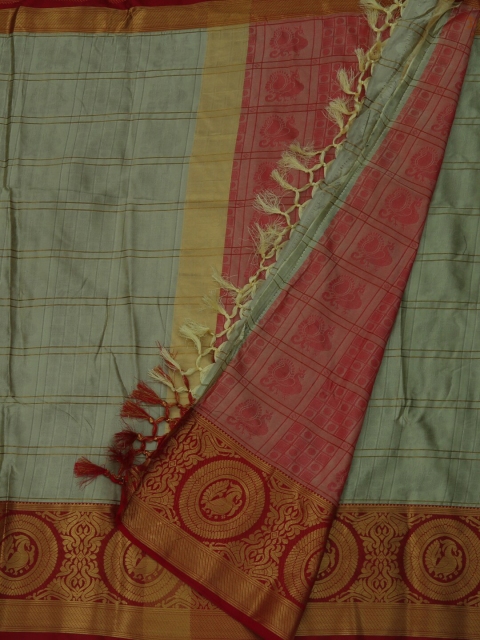 Pothys Green & Red Jute Silk Woven Design Saree