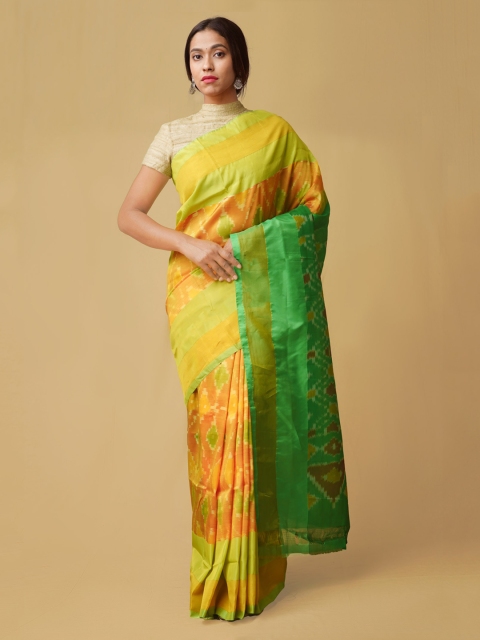 Unnati Silks Orange & Green Silk Cotton Printed Handloom Pochampally Saree
Unnati Silks Orange & Green Silk Cotton Printed Handloom Pochampally Saree