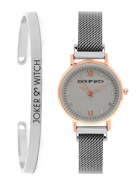 Joker & Witch Women Grey & Silver-Toned Watch & Bracelet Stack JWBS187