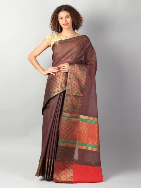 EthnicRoom Brown & Gold Silk Cotton Checked Banarasi Saree